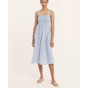 J. Crew Womens Smocked Midi Dress Large Baby Blue Linen Cotton Blend Summer